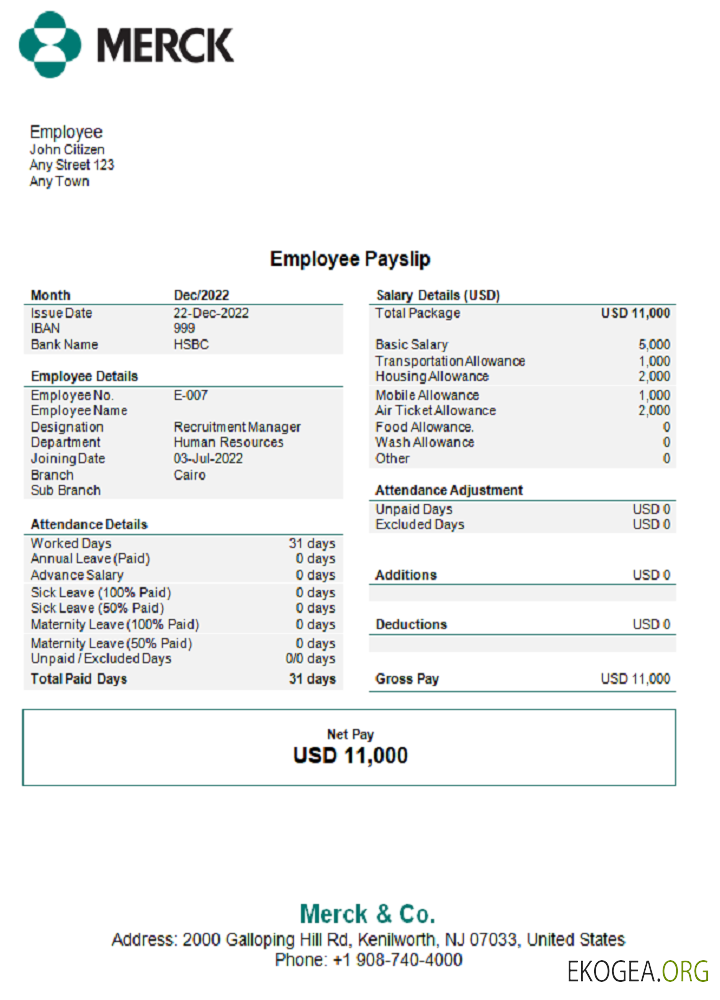 États Unis, fiche de paie de la société pharmaceutique Merck & Co.